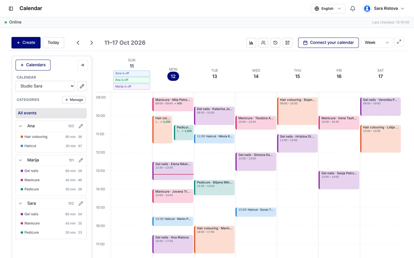 The salon's week in the portal, with Elena's new appointment today at 12:30